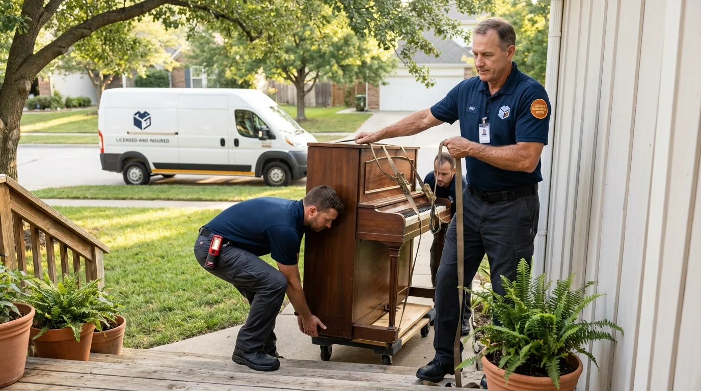 Licensed piano movers securing grand piano in Cut Bank, MT