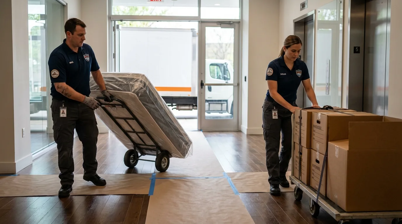 Professional apartment movers loading elevator in Cut Bank, MT